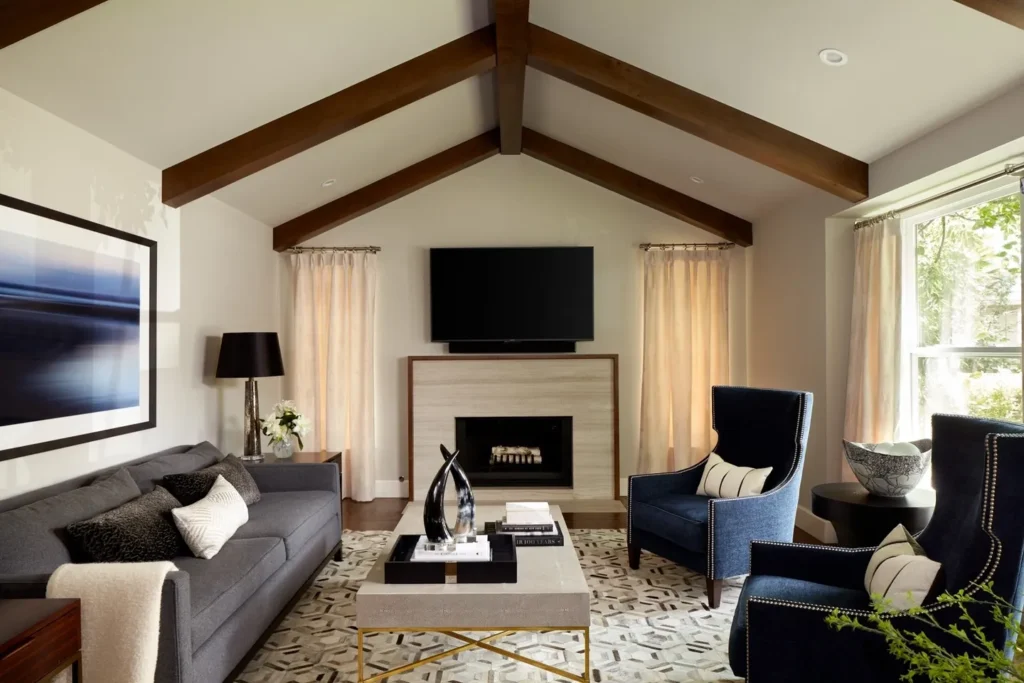 Modern living room with fireplace and TV.